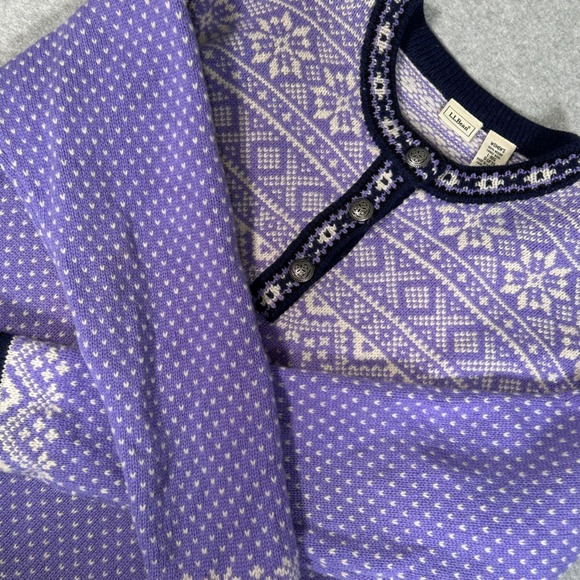 L.L.Bean Sweater 100% Lambs Merino Wool Women's L Purple Grandmacore Fair Isle - Picture 1 of 9